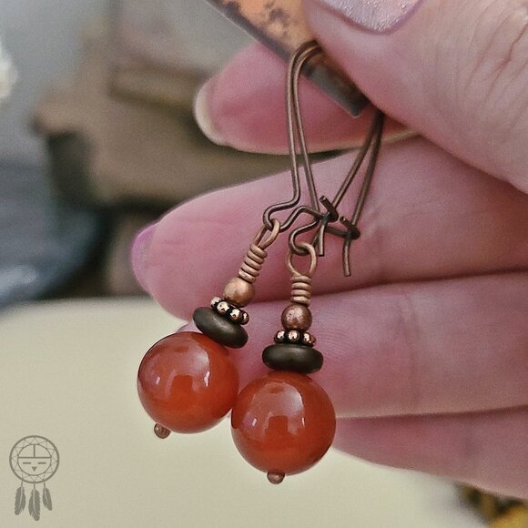 Carnelian Earrings Antiqued Copper Hooks - Picture 2 of 8